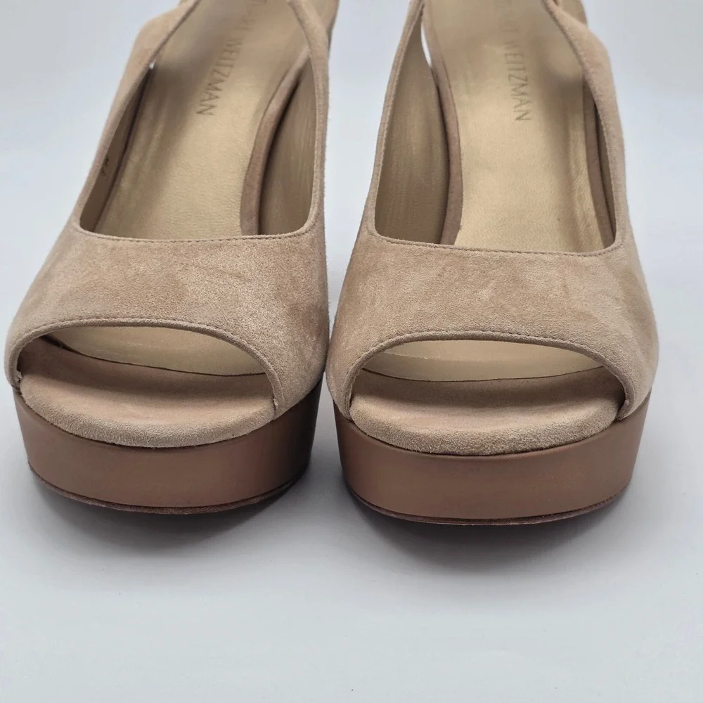 Stuart Weitzman Slingshot Block Heels Women 10 Tan Suede Platform‎ Wedding Guest